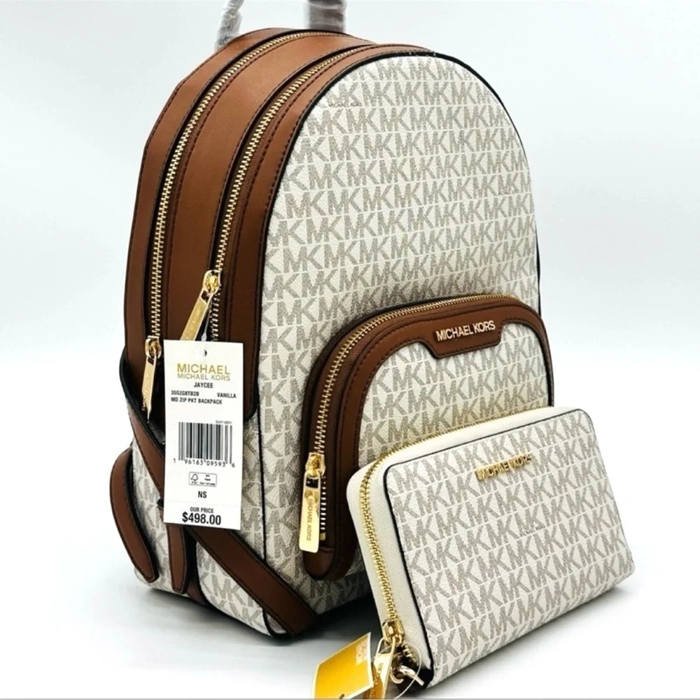Michael Kors Medium Jaycee Zip Packet Backpack & Large Flat MF Phone Case Wallet - Picture 1 of 15
